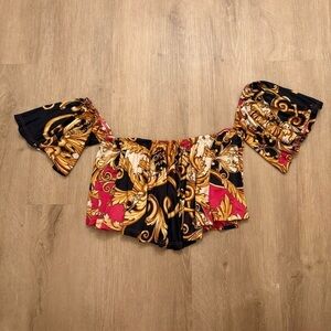 Y2K Baroque Print Off Shoulder Crop Top Renaissance Style Small